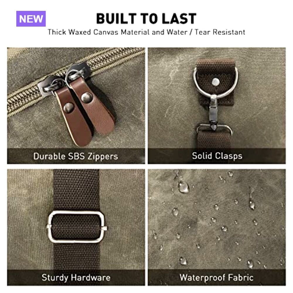 Waxed Canvas Waterproof Travel Duffel Bag 50L Weekender - Picture 5 of 6